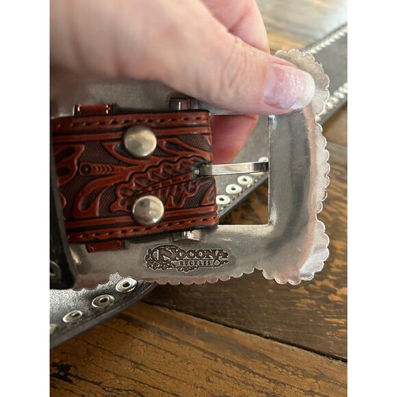 Nocona Hair-On Hide Western Belt M Tooled Leather Inlay Silver Studs - Picture 6 of 7